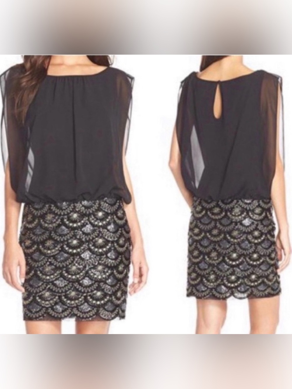 Aidan Mattox Black Chiffon Overlay Dress w/ Sequin Skirt Size 8 Party Cocktail